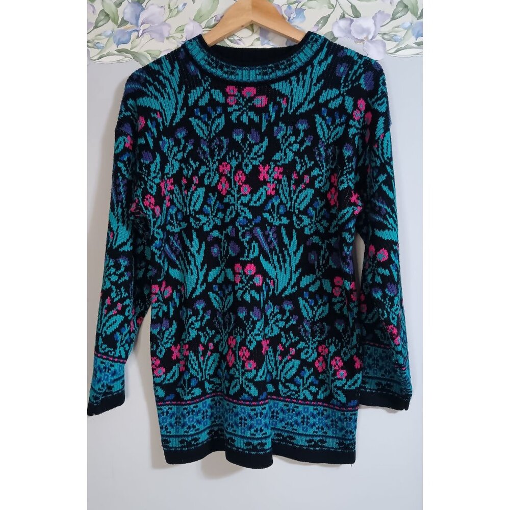 EXTRA Small Vintage Floral Colorful Retro Knit Pullover Classic Tunic Sweater